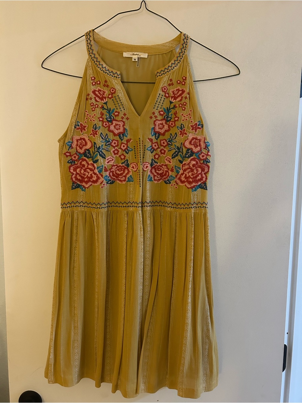 Andree Mustard Embroidered Floral V‑Neck Mini Dress